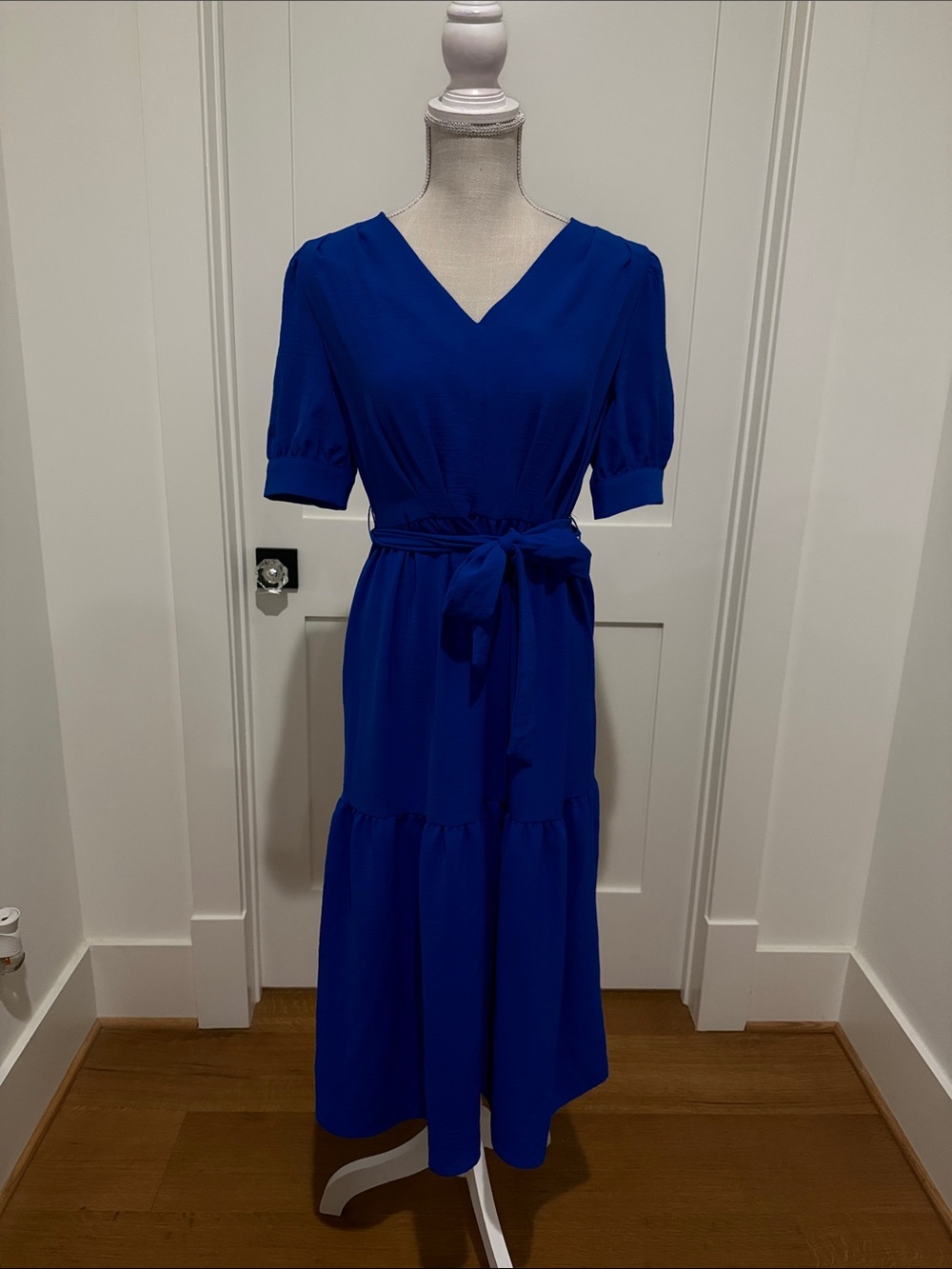 DKNY Bold Cobalt V-Neck Midi Dress with Waist Tie